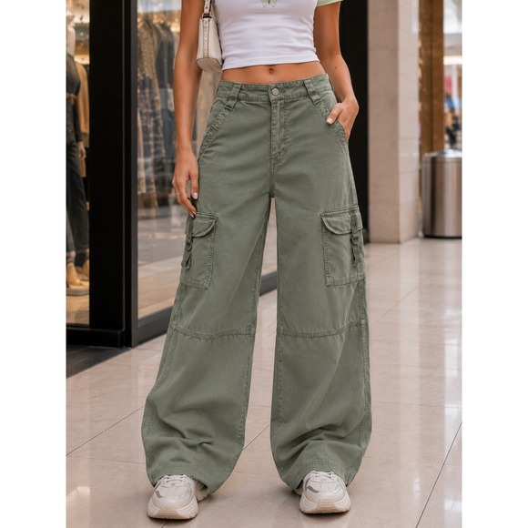 American Eagle Outfitters Pants - American Eagle Outfitters Olive Cargo Wide-Leg Trousers